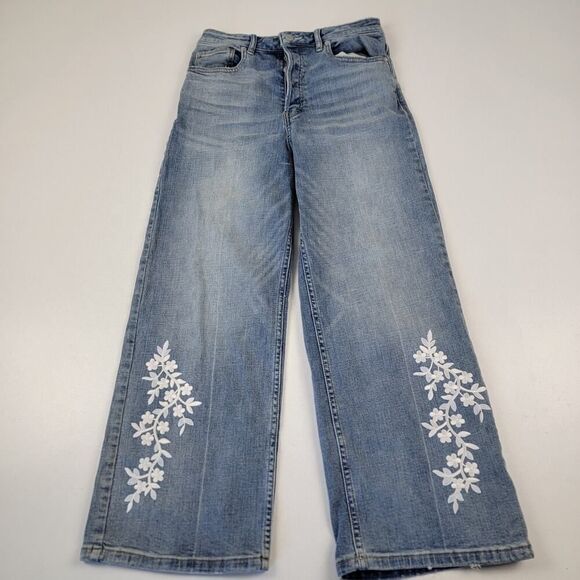 We The Free Denim - Free People High Rise Wide Leg Blue Denim Floral Jeans Sz 27 Embroidered Boho